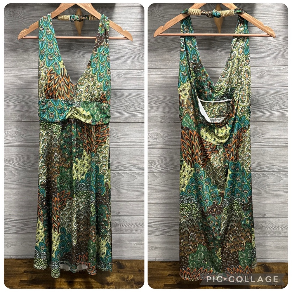 Claudia Richard Boho Paisley Patchwork Halter Dress Size L Babydoll Resort Beach
